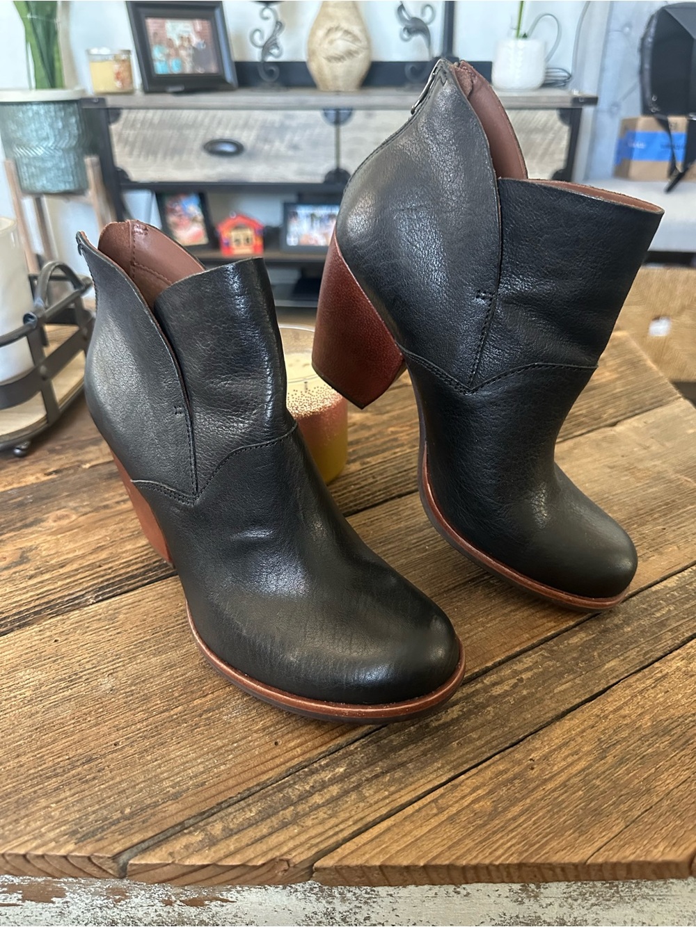 Women’s Black Leather Ankle Boots with Brown Block Heel